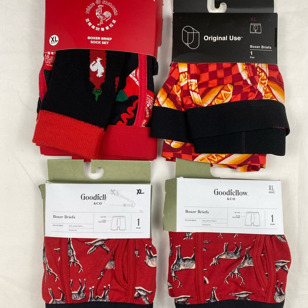 4 Men’s Assorted Boxer Briefs Underwear Size XL Deer Print, Hot Sauce